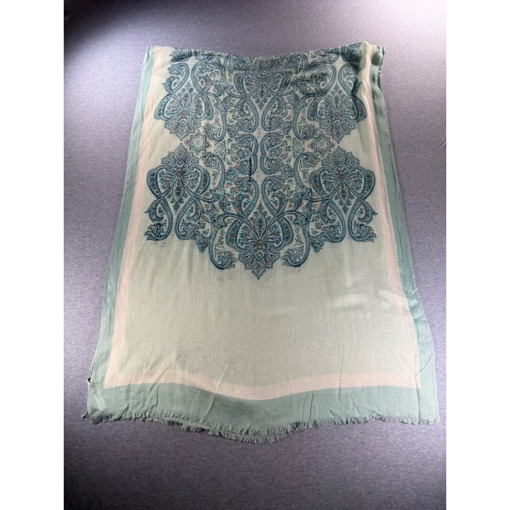 Talbots Scarf Womens Mint Green Blue Paisley Medallion Viscose Fringed Wrap